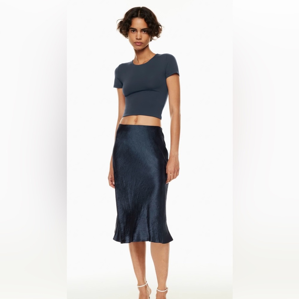 Babaton (Aritzia) Silk Midi Skirt - Navy Blue, size 4.